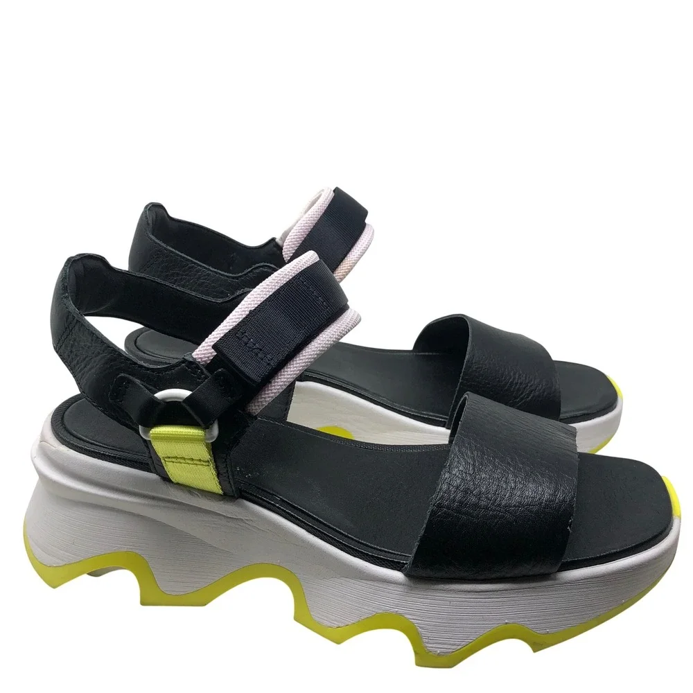 Sorel Kinetic Impact Y-Strap High Sandals Womens 9 Black Yellow Bold Athleisure